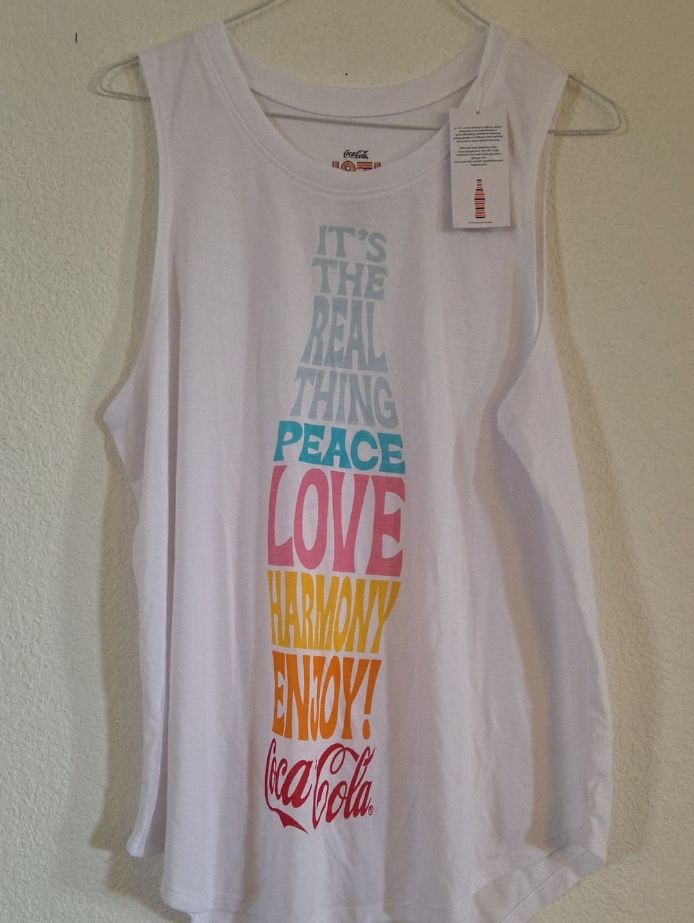 Coca Cola White Tank with Vertical Peace Love Harmony Graphic